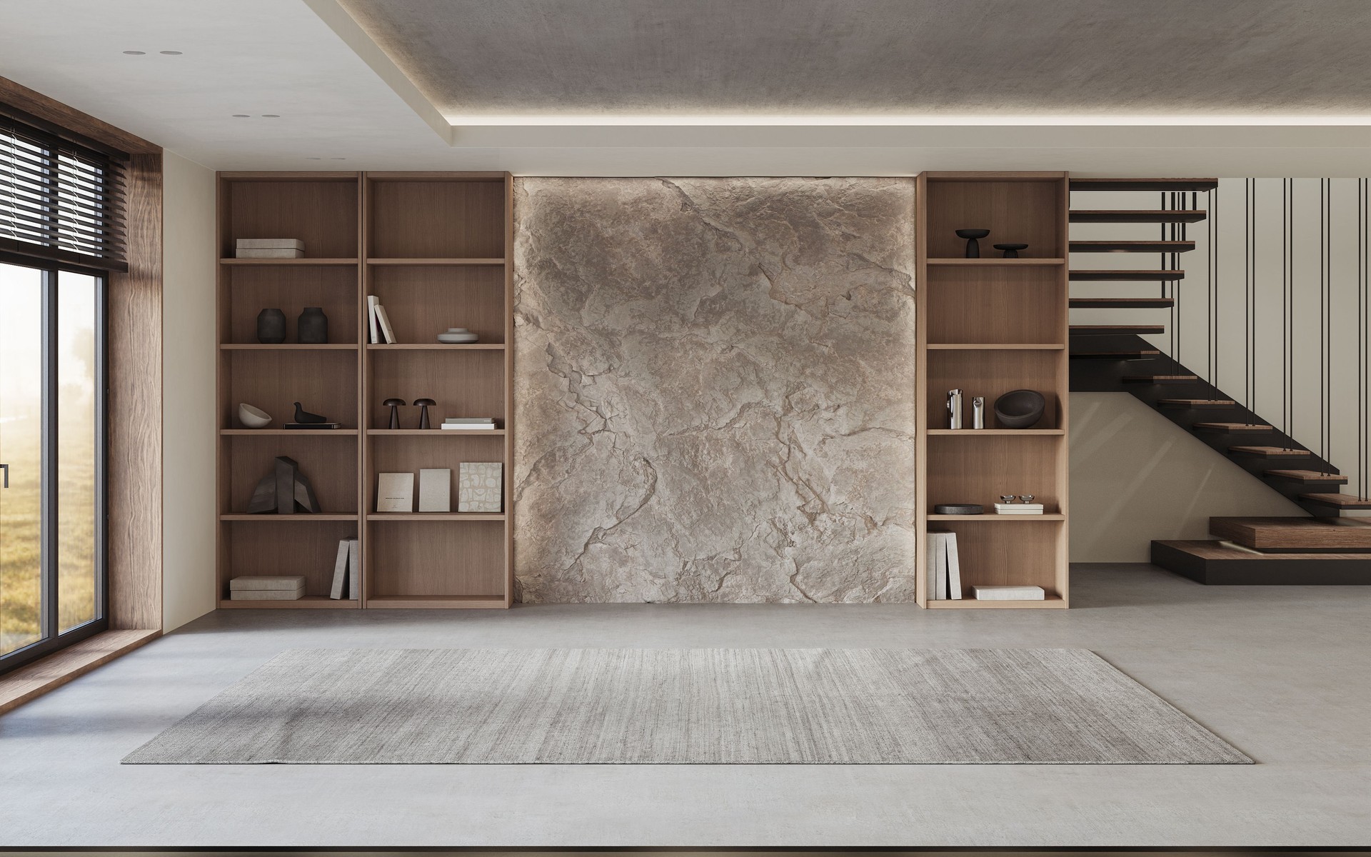 A stylish living room interior featuring modern designer furniture and elegant accessories. Natural indoor stone wall, rendered in 3D