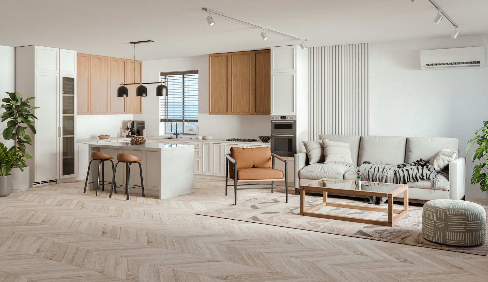 Studio room interior with lounge zone and cooking area furnished with sofa and dining table. Modern design solution, 3d rendering